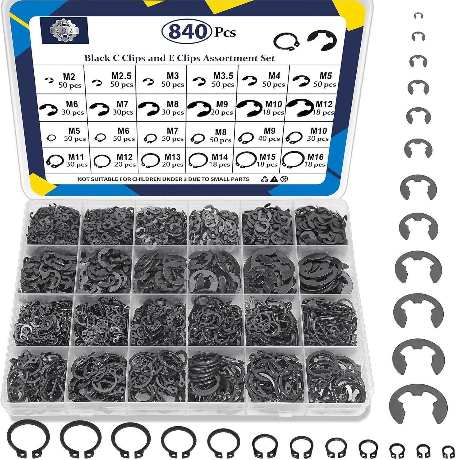 840Pcs C Clips & E Clips Assortment Set, M5-M16, 24 Sizes Snap Rings Kit, Steel