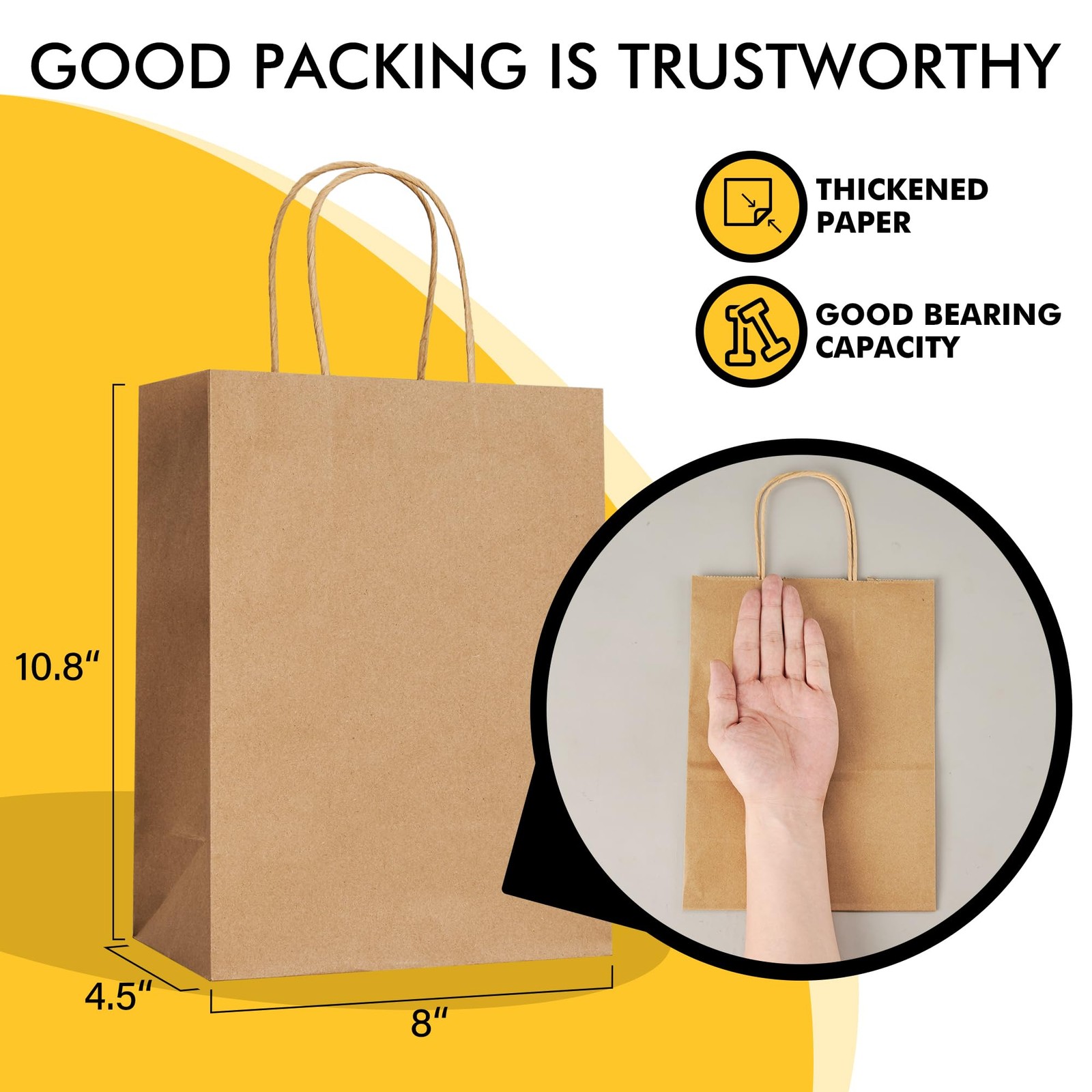 RACETOP Brown Paper Bags with Handles Bulk 1 Count (Pack of 100),