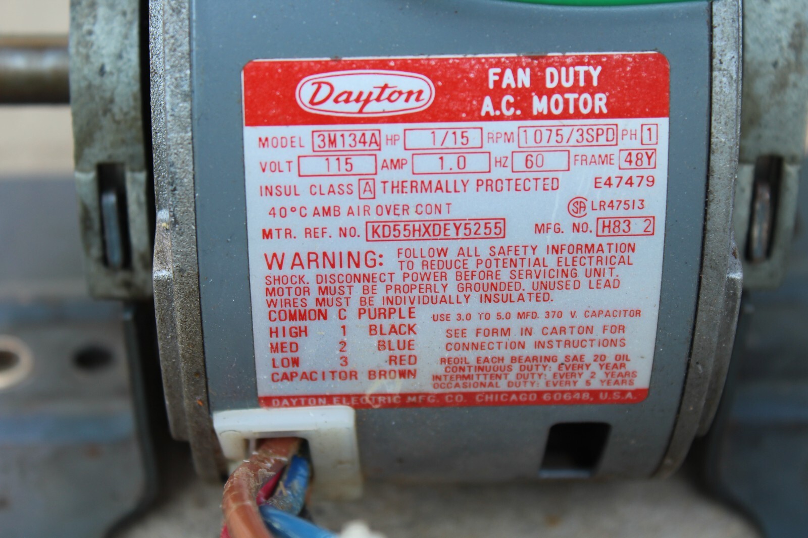Dayton Fan Duty AC Motor Model 3M134A, 1/15 HP, 1075 RPM, 3 speed, 1PH, 115 Volt