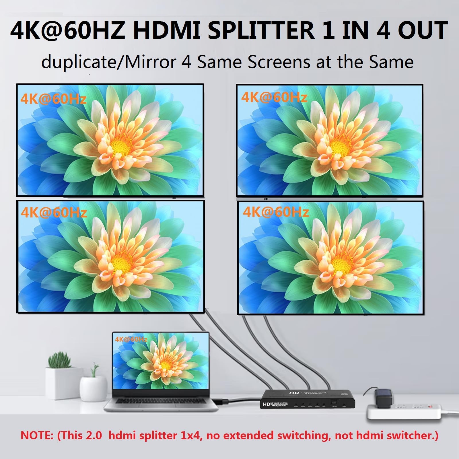4K@60Hz 1×4 HDMI Splitter 4:4:4,18 Gbps,4 Port Powered HDMI 2.0 Splitter1 in …