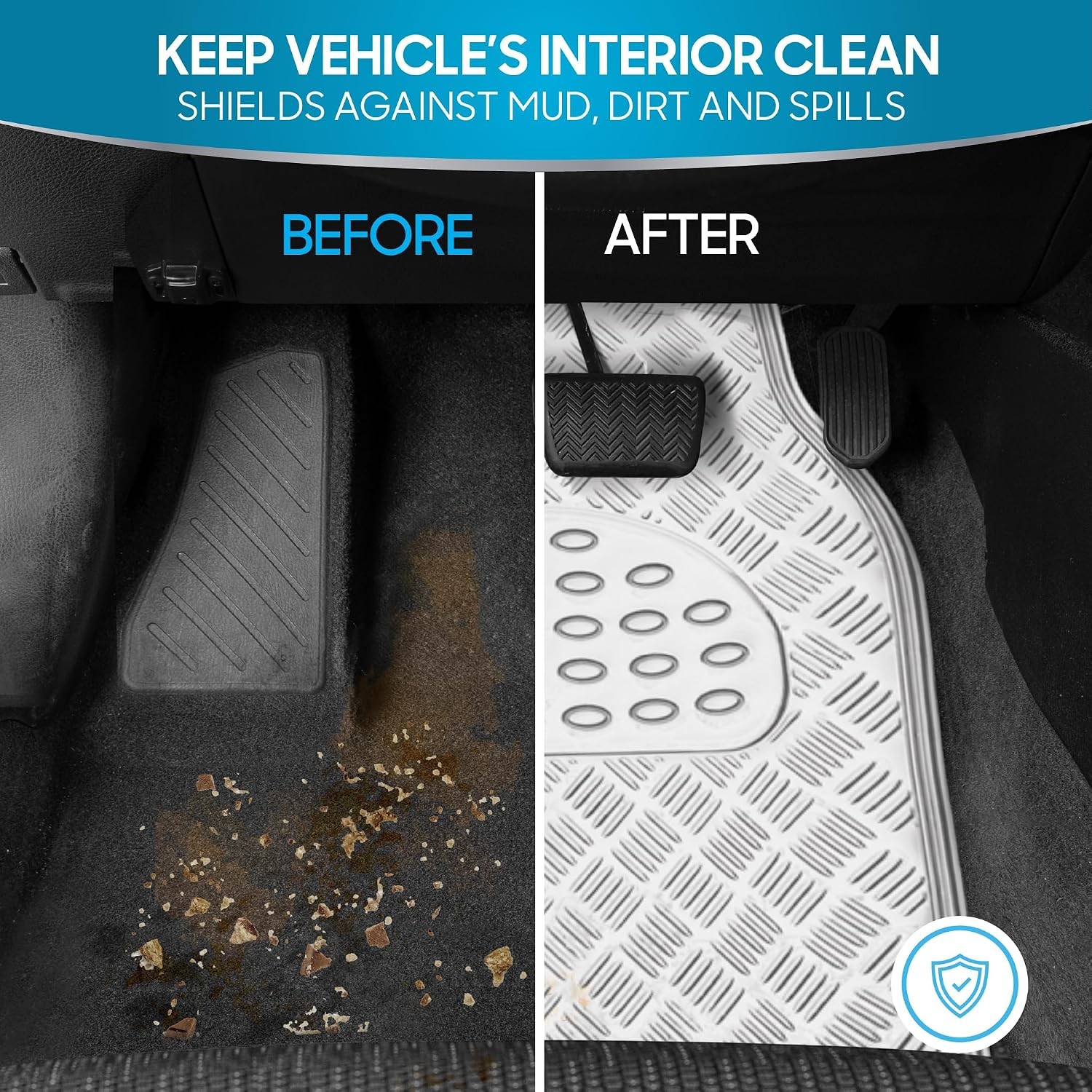 BDK Metallic Chrome Car Floor Mats – Silver, All-Weather, Universal Fit