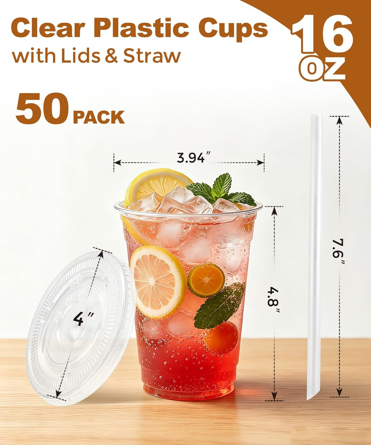 Ginkgo 50 Pack 16 Oz Clear Plastic Cups with Lids and Straws, Leak-Proof