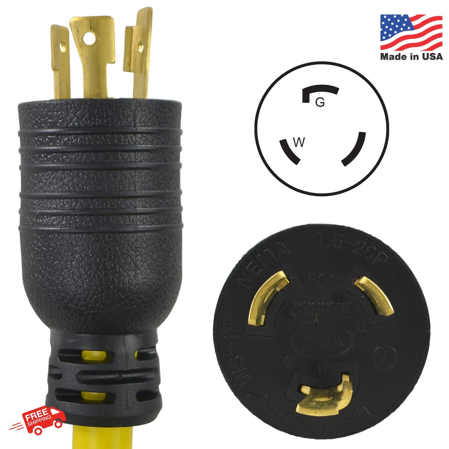 Conntek 1.5-Feet 20-Amp STW 12/3 Tri-Outlet Cord, 20-Amp Locking L5-20P Plug to