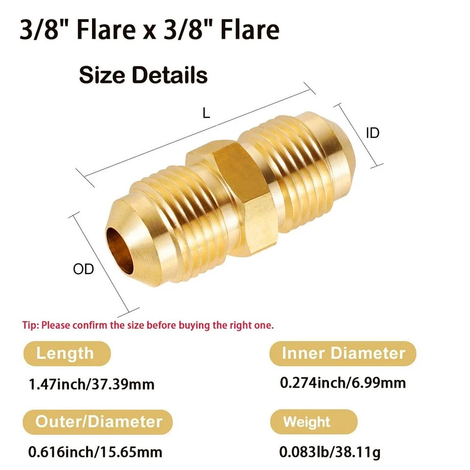 3/8 Inch Male Flare x 3/8 Inch Male Flare Connector Gas Adapter Union BrassTu…