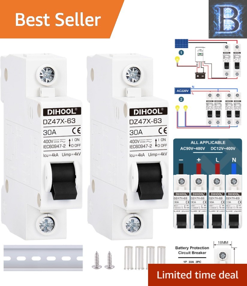 AC/DC Miniature Circuit Breakers 30 Amp, Quick Trip Solar Disconnect Switch Pack
