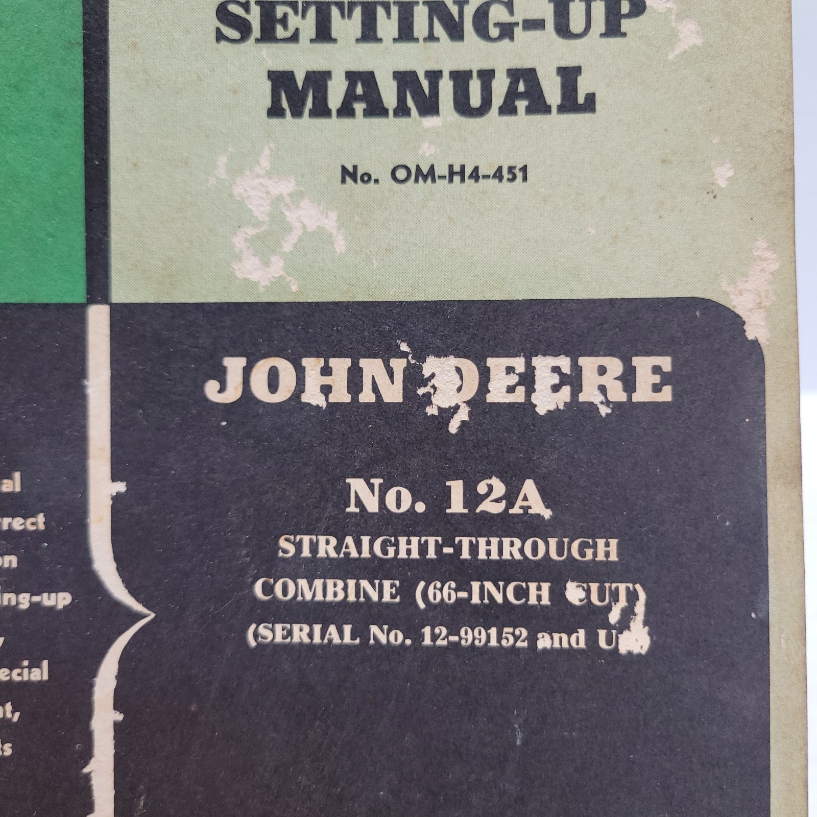 John Deere No 12-A Straight Through Combine 66″ Cut Setting up Manual OM-H4-451