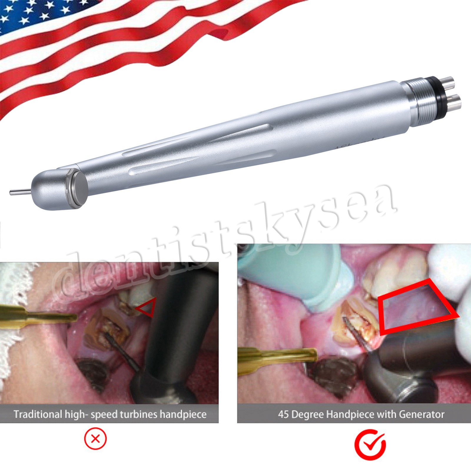 Dental 45 Degree LED/NO-LED High Speed Handpiece Ceramic Bearing 3Spray 4Holes