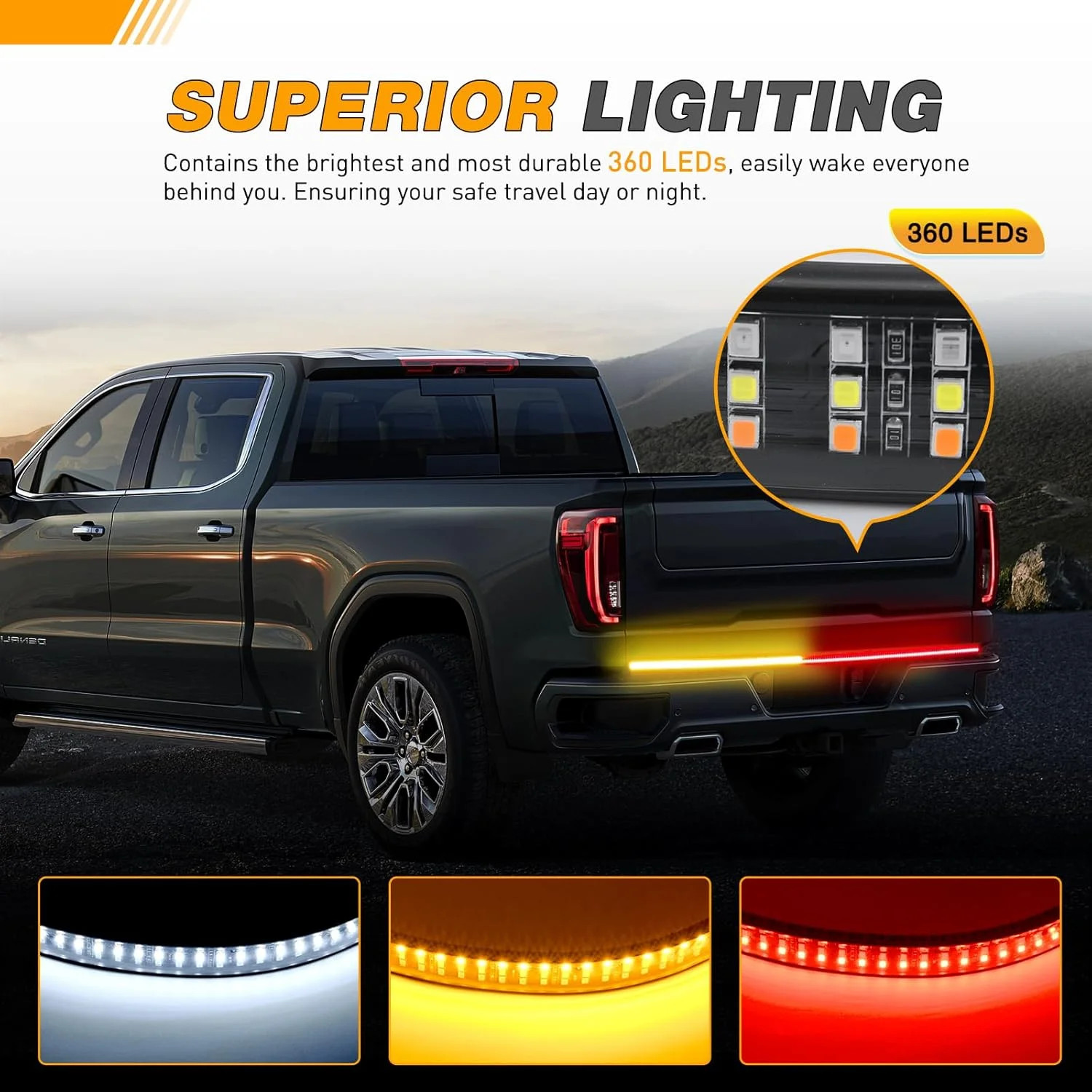 Truck Tailgate Light Bar 48″ Triple Row 360 LED Strip | 6 Function with Red Runn