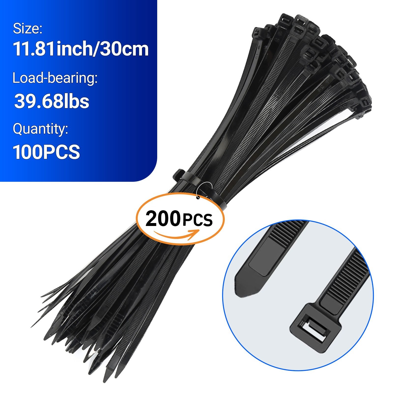 200Pcs Black Heavy Duty Cable Zip Ties UV Resistant 6 8 10 Inch
