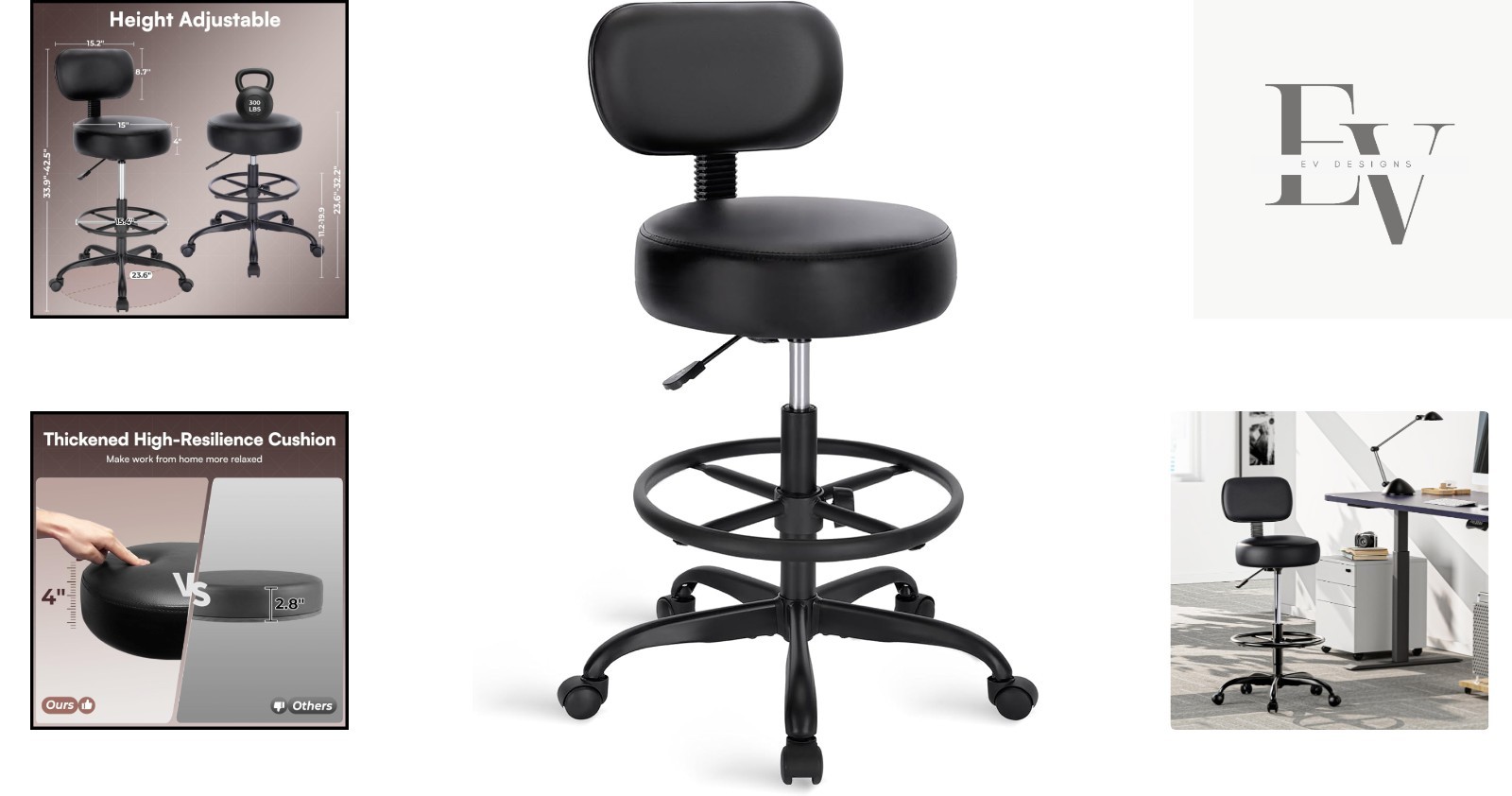 Heavy-Duty Adjustable Drafting Stool – Comfort Cushion & Ergonomic Backrest