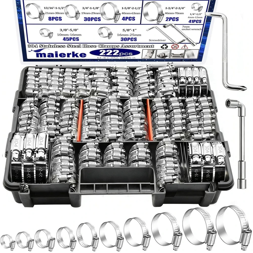 222PCS 304 Stainless Steel Hose Clamps Assortment Kit,Metal Adjustable