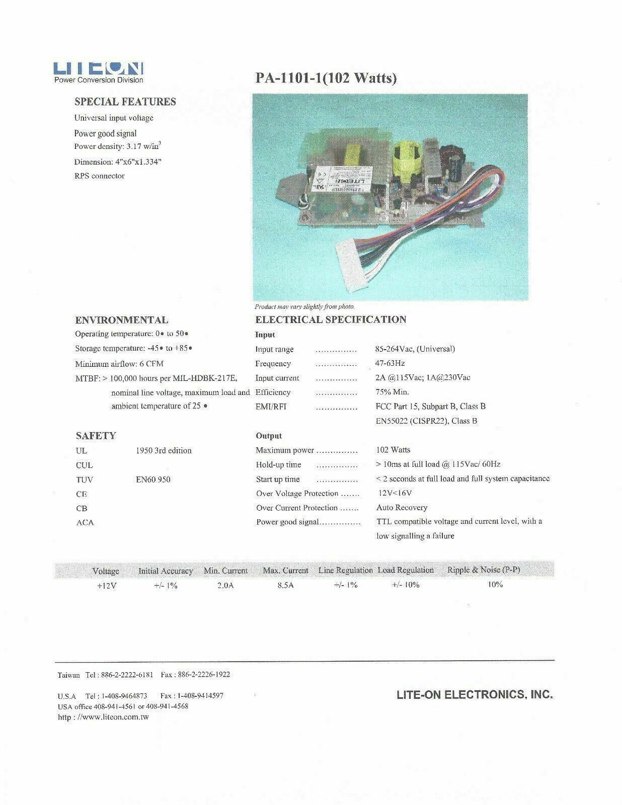 (1) PA-1101-1, AC/DC Power Supply Single Output 12 Volt 8.5A 102W, Lite-On