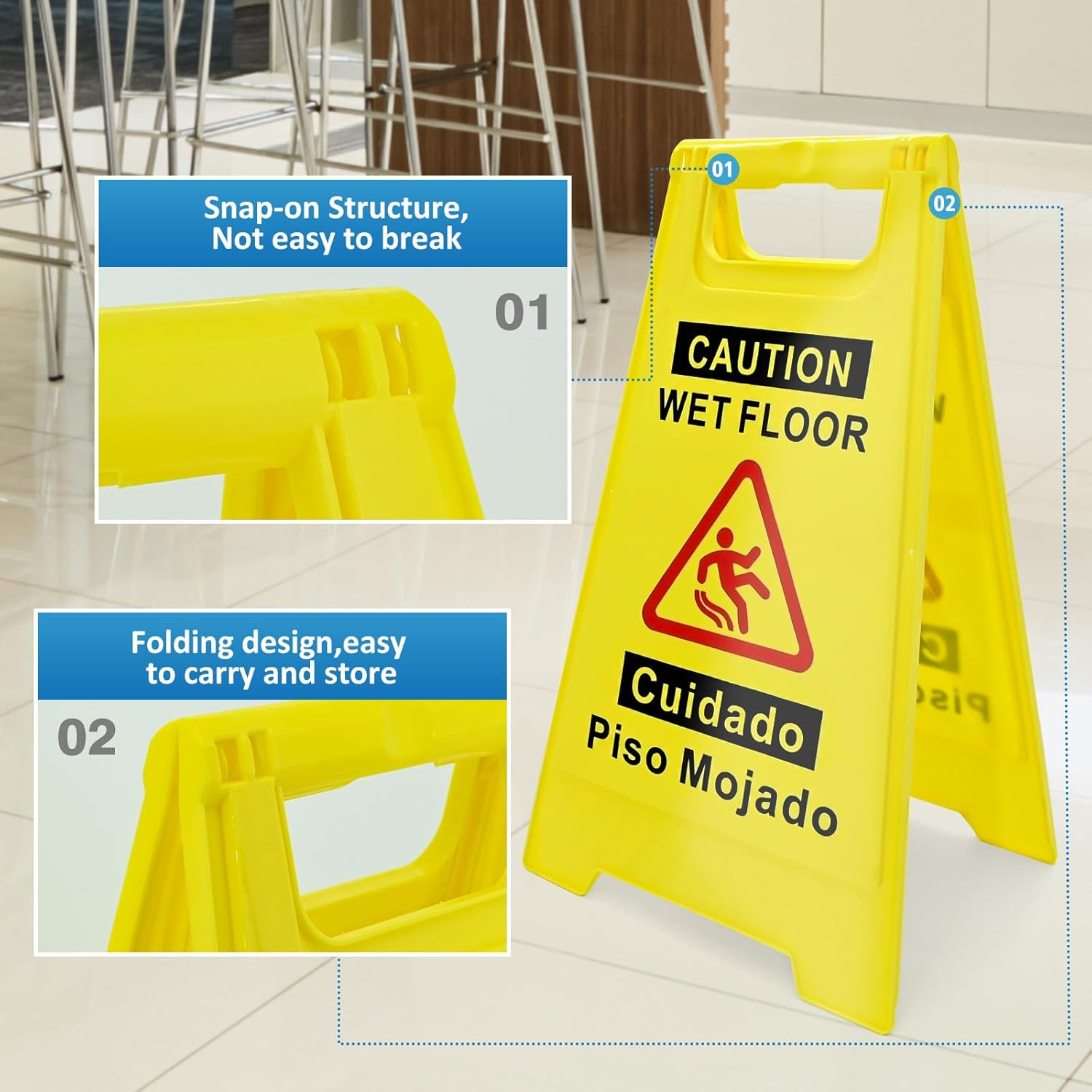 2-Pack Caution Wet Floor Sign 17.5 Height Bright Yellow Double-Sided Folding