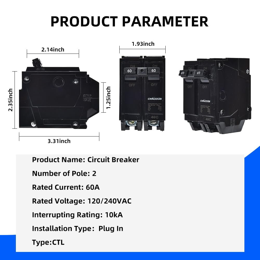 60 Amp Breaker, 2 Pole Circuit Breaker 120/240VAC 10KA Plug-In Mount