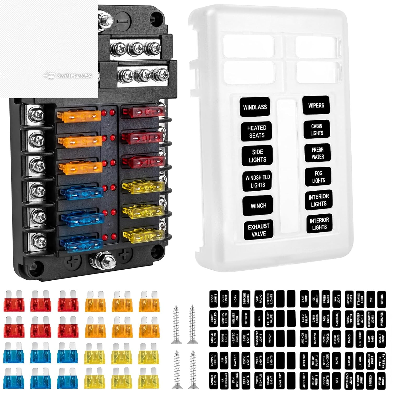 12 Way Fuse Block 12V Marine Fuse Box LED Indicator Automotive Blade Panel 24Pcs
