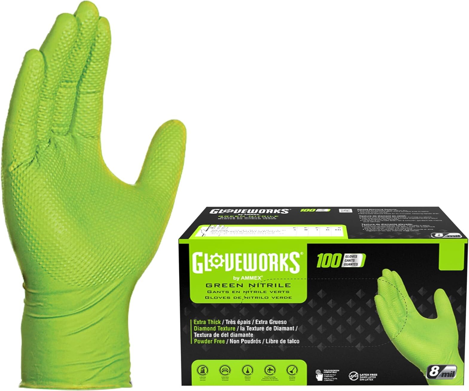 Gloveworks 8 mil Disposable HD Nitrile Gloves, Pack of 100, Medium, Green