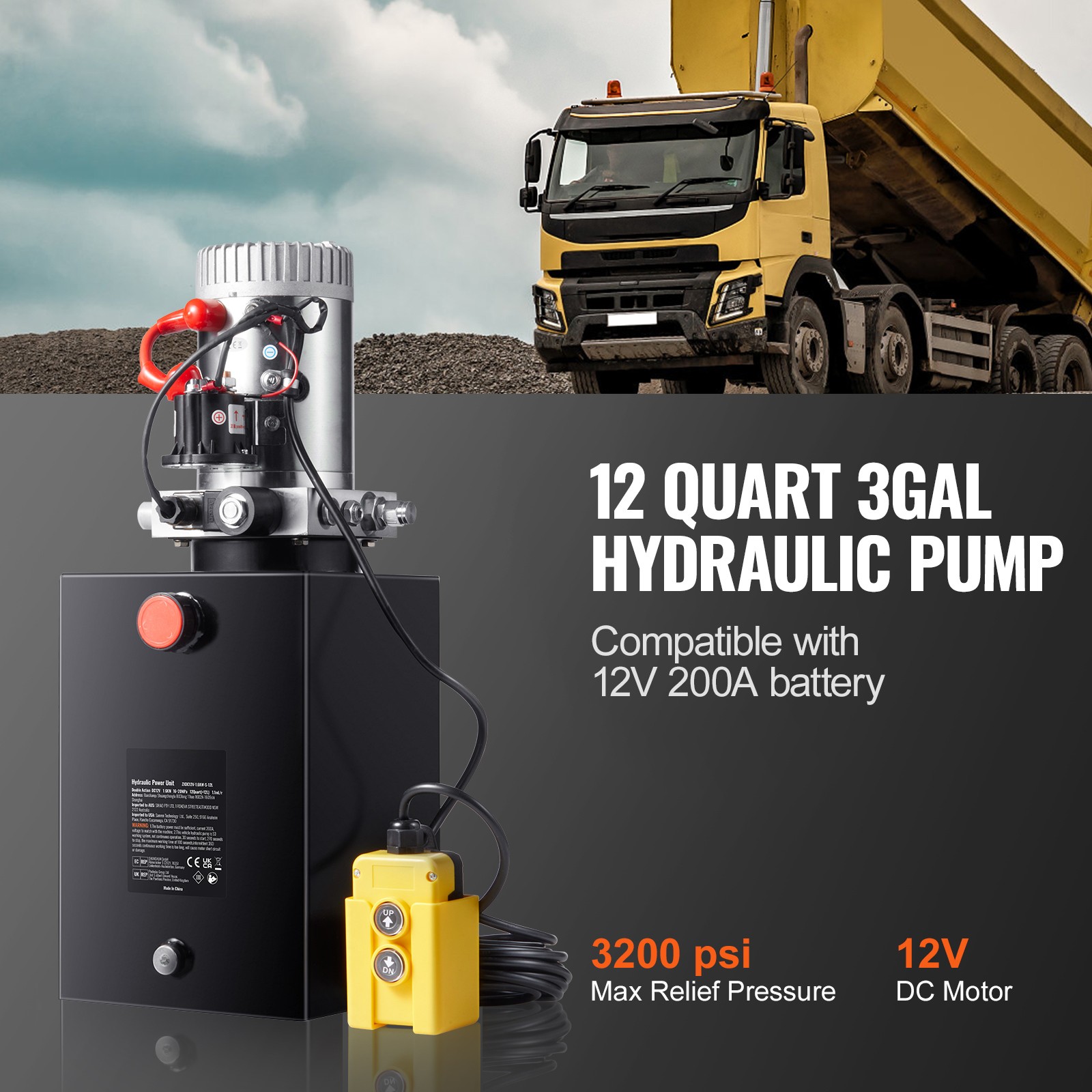 VEVOR Hydraulic Pump 12 Quart Single Acting Dump Trailer Pump Power Unit DC 12V