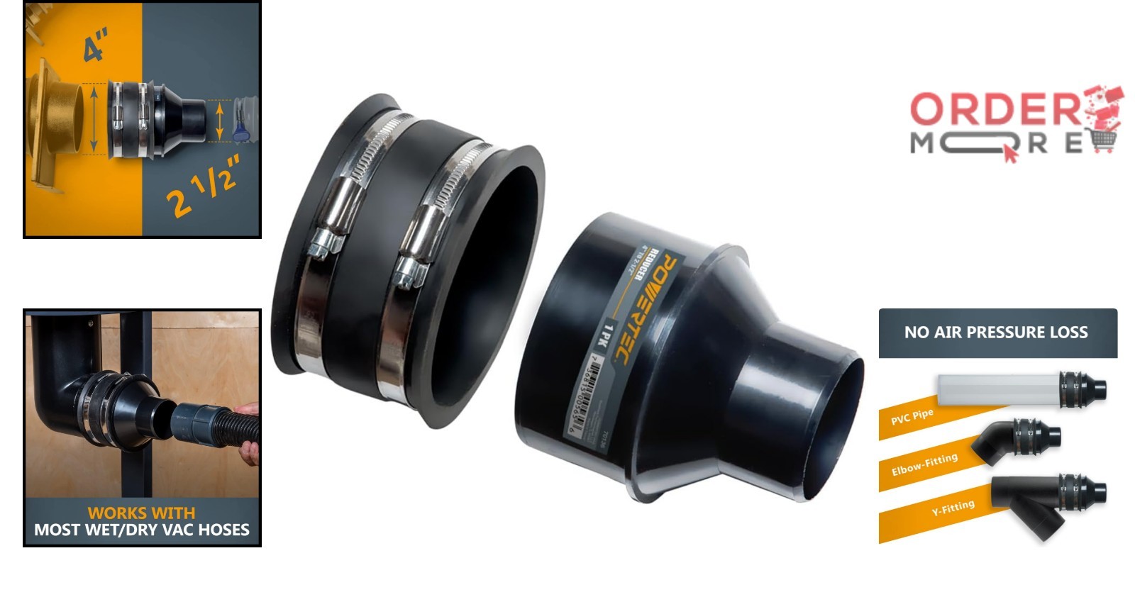 Dust Collection Fittings 4 Inch to 2-1/2 Inch Reducer Flex Cuff Hose Clamps