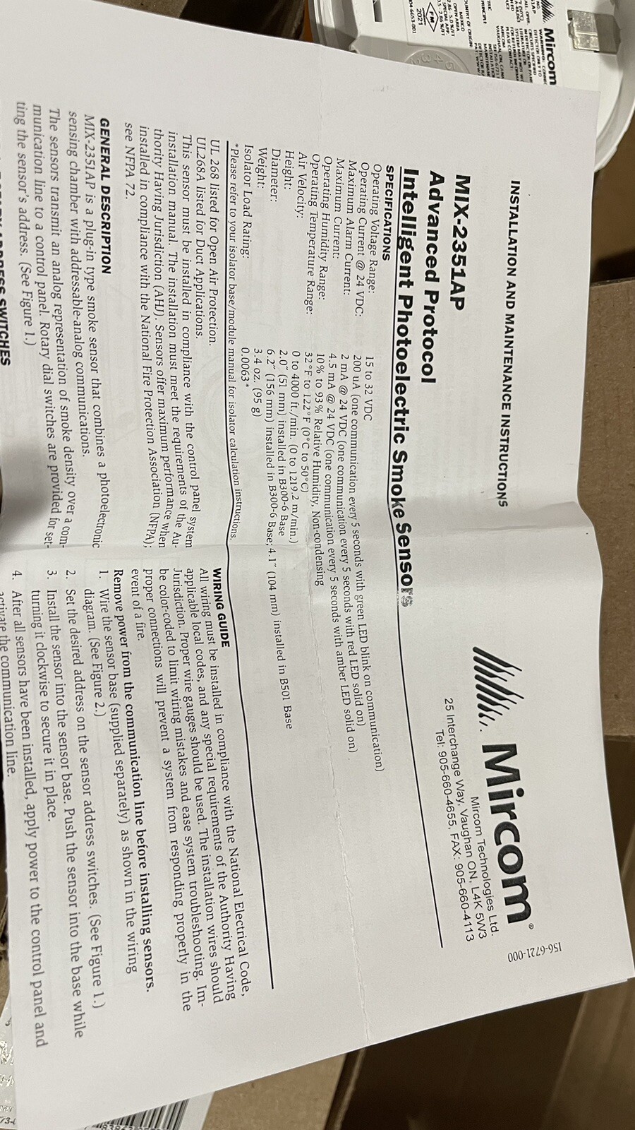 Mircom MIX-2351AP Intelligent Photoelectric Smoke Detector