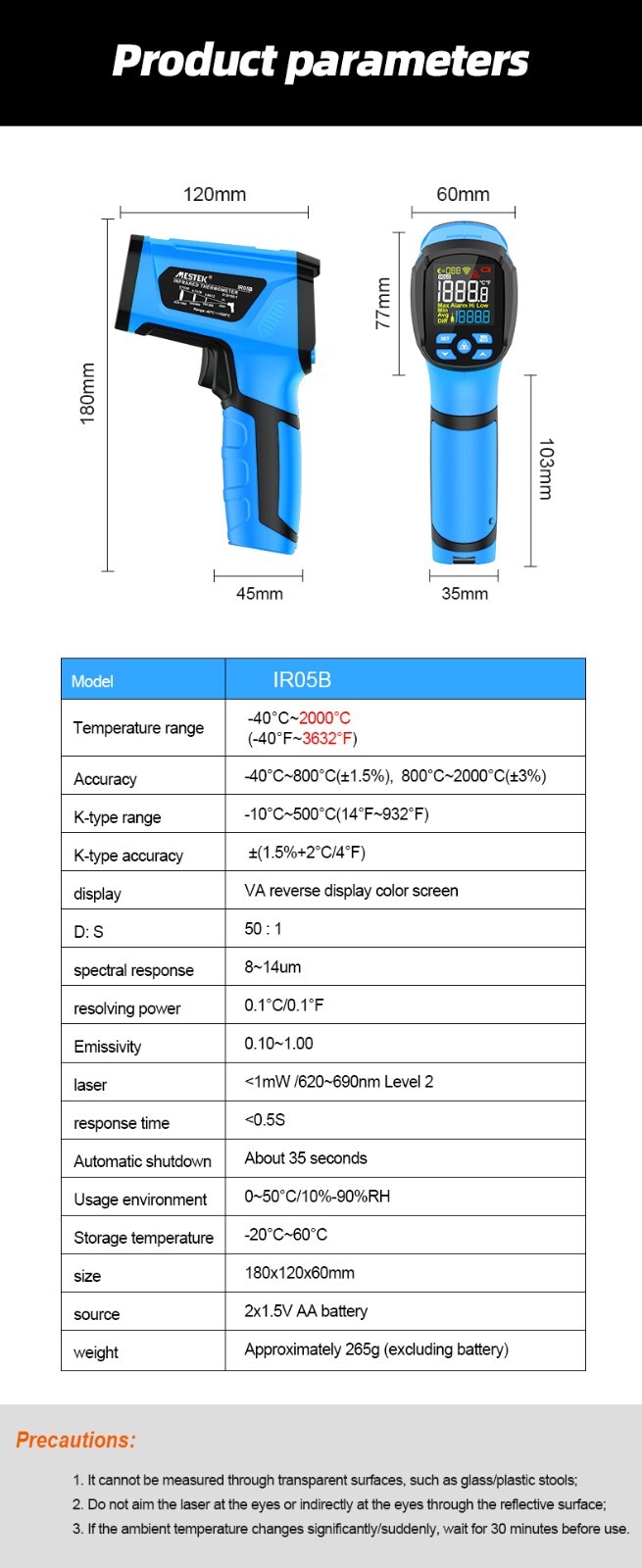 IR05B Digital Infrared Thermometer -40-2000℃ High Temparature Meter 50:1 D:S