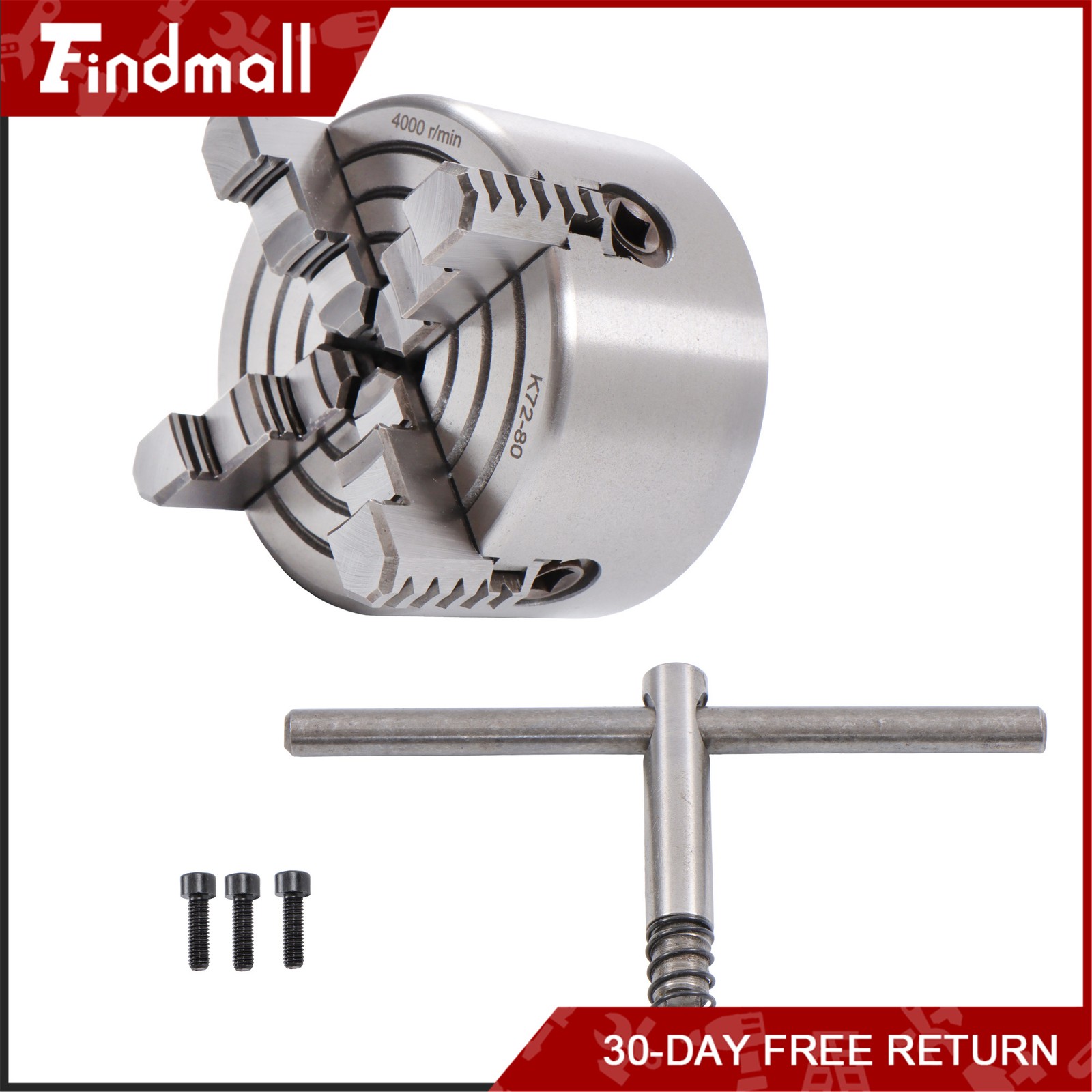 Findmall K72-80 4 Jaw Chuck 3″ 80mm Independent Metal Lathe Chuck
