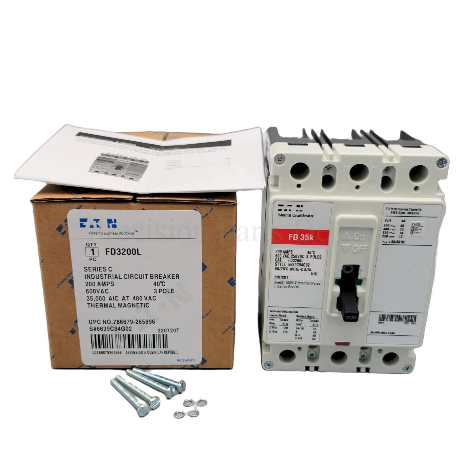Industrial Circuit Breaker FIT FD35K 200AMP 3 POLE CAT FD3200L Cutler Hammer
