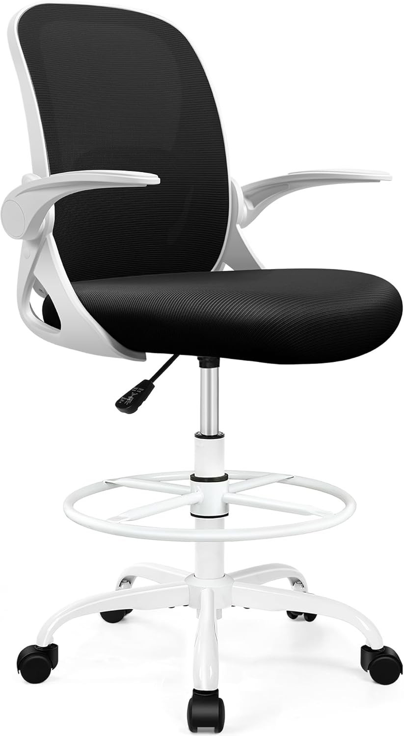 Ergonomic Drafting Chair with Flip-up Armrests – White
