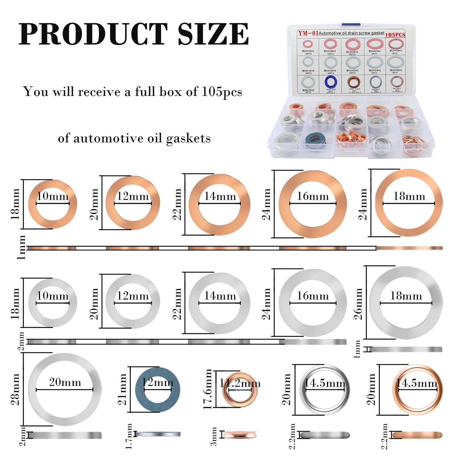 105PCS Car Oil Drain Plug Gaskets Assortment Parts 1.10×1.10×0.07 inch
