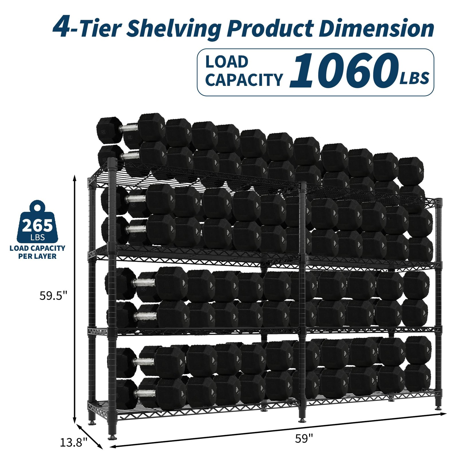 4-Tier Carbon Steel Wire Storage Shelving Double Row Heavy Duty Rack