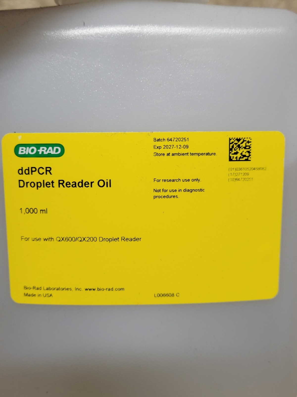 Bio-Rad ddPCR Droplet Reader Oil QX600/QX200 Exp. 12/2027 1000ml
