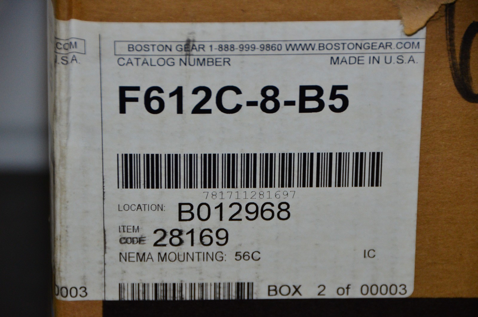 Boston Gear 28169 F612C-8-B5 Speed Reducer 8:1 Ratio 1750 RPM 2.69 IN HP 762 LB
