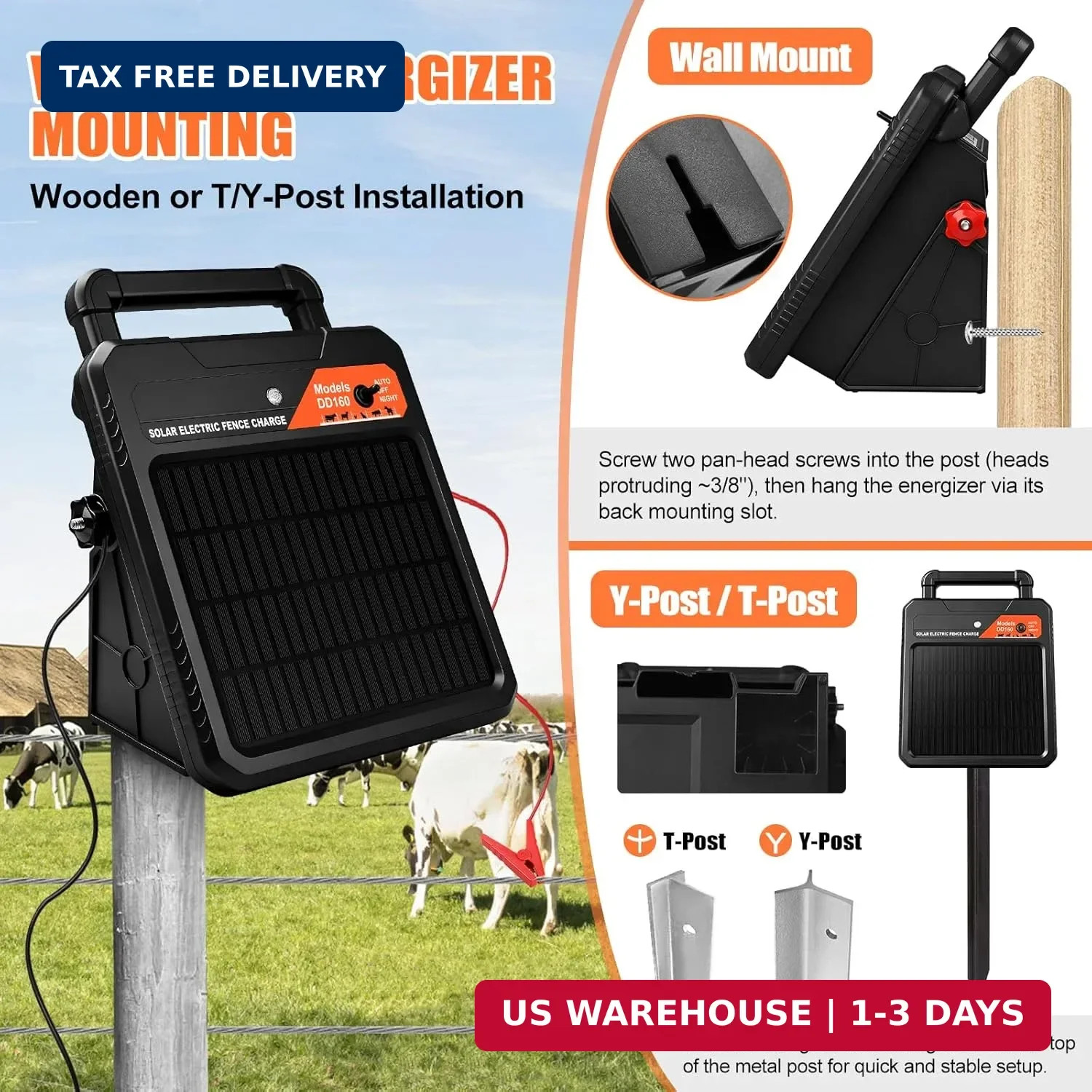 10 Miles Solar Electric Fence Charger 0.16J Portable Fence Energizer, Solar Fenc