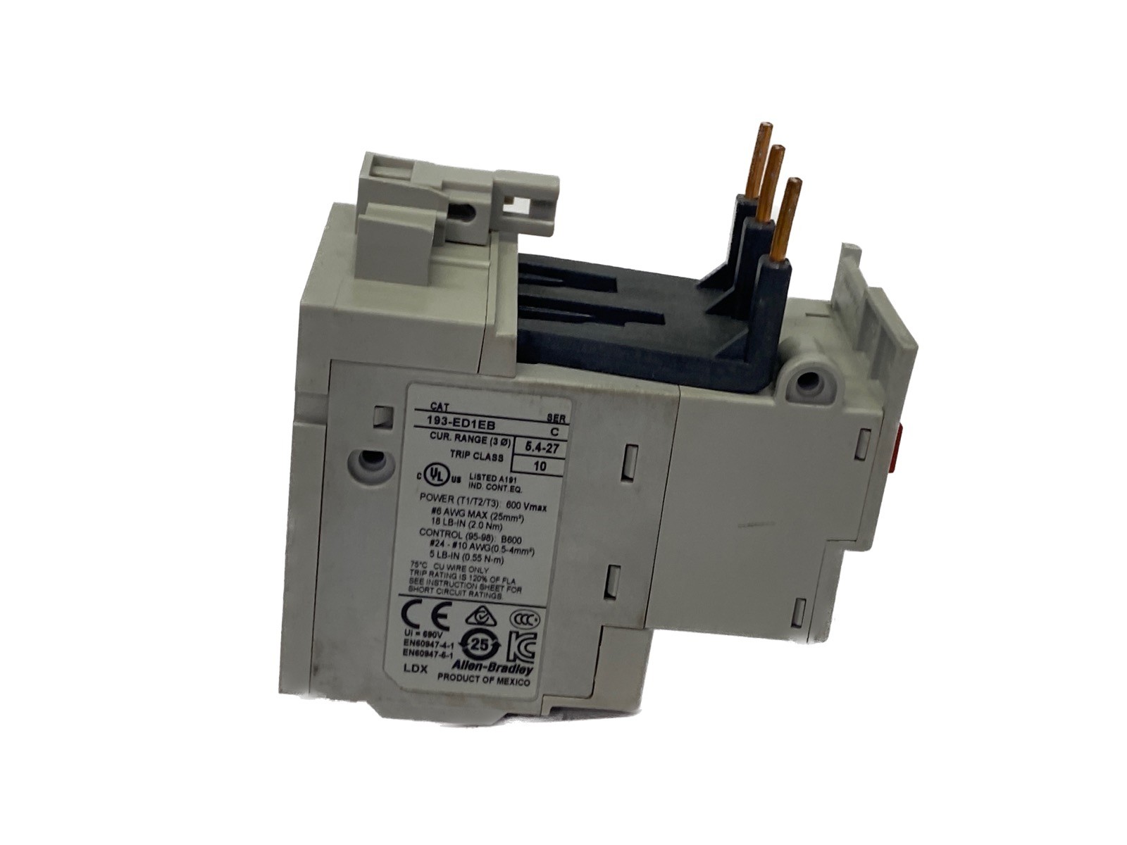USED Allen Bradley E1 Plus 5.4-27A Class 10 Overload Protection Relay 193-ED1EB
