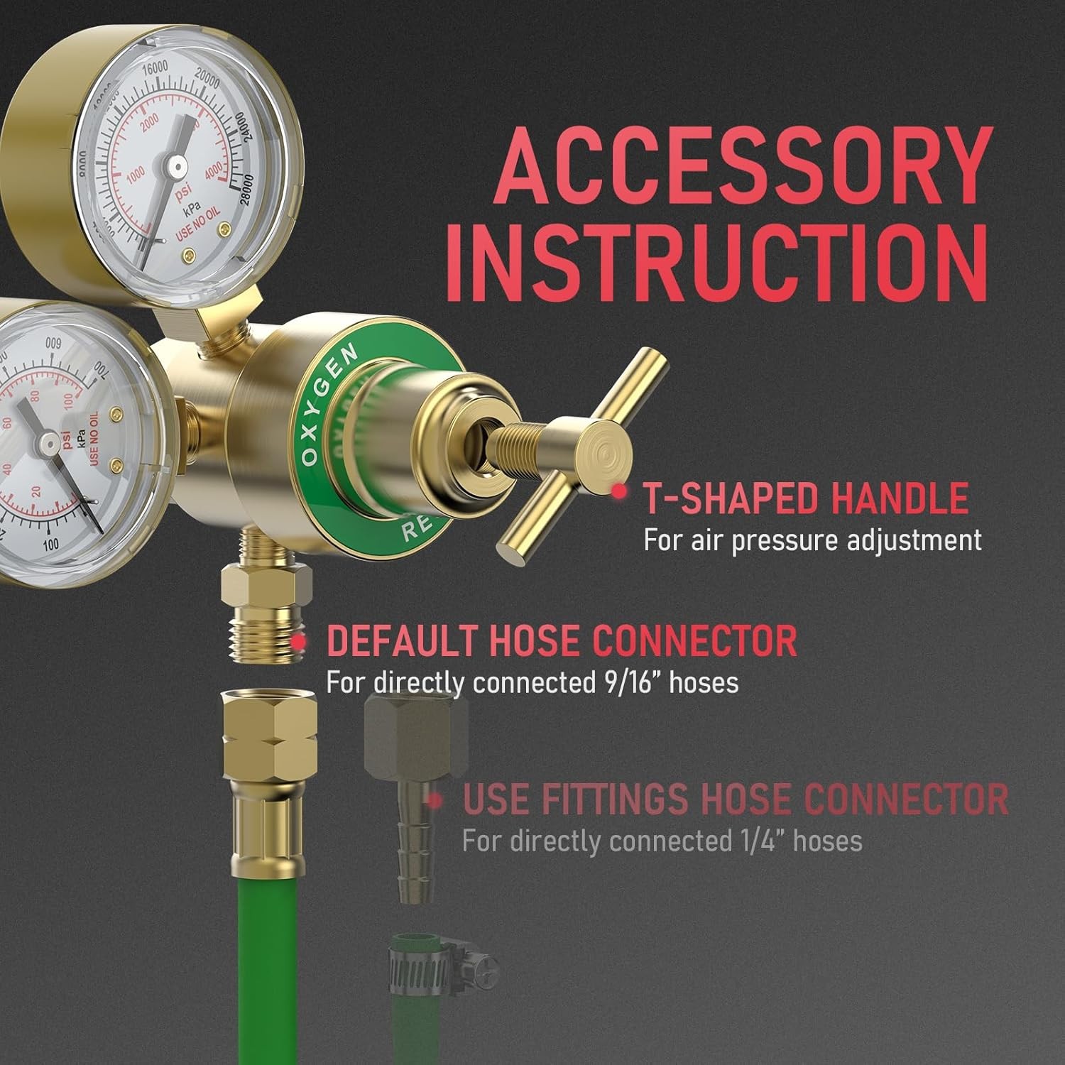 Oxygen Regulator CGA540 0-4000PSI 0-100PSI Gauges with T-Handle & Hose Connector