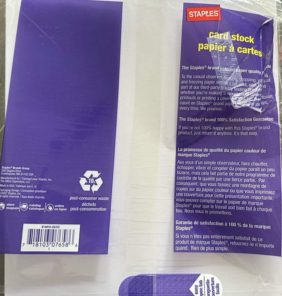 8.5″ x 11″ CARDSTOCK 110 lb PAPER WHITE – 12 SHEETS – NEW Staples Brand
