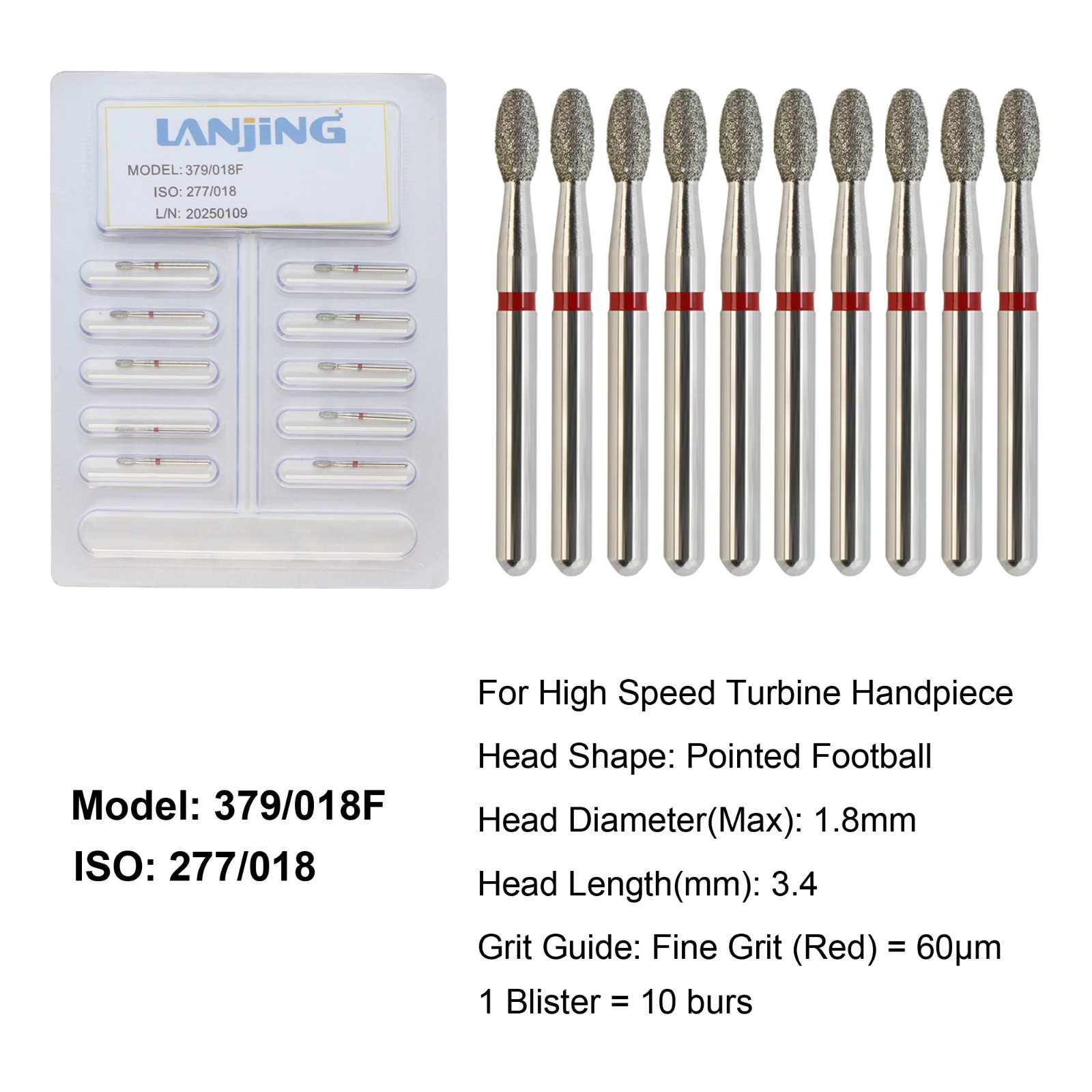Dental Diamond Burs FG Round End Taper Football Bur Coarse Fine High Speed 856