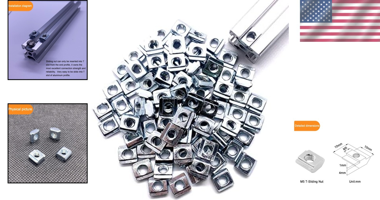100pcs M5 Hammer Head T-Nuts – Polished Carbon Steel for T-Slot Profiles