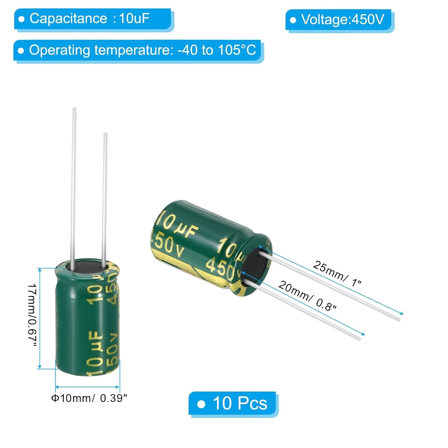 450V 10uF 10x17mm Aluminum High Frequency Electrolytic Capacitor Lot 10Pcs TV