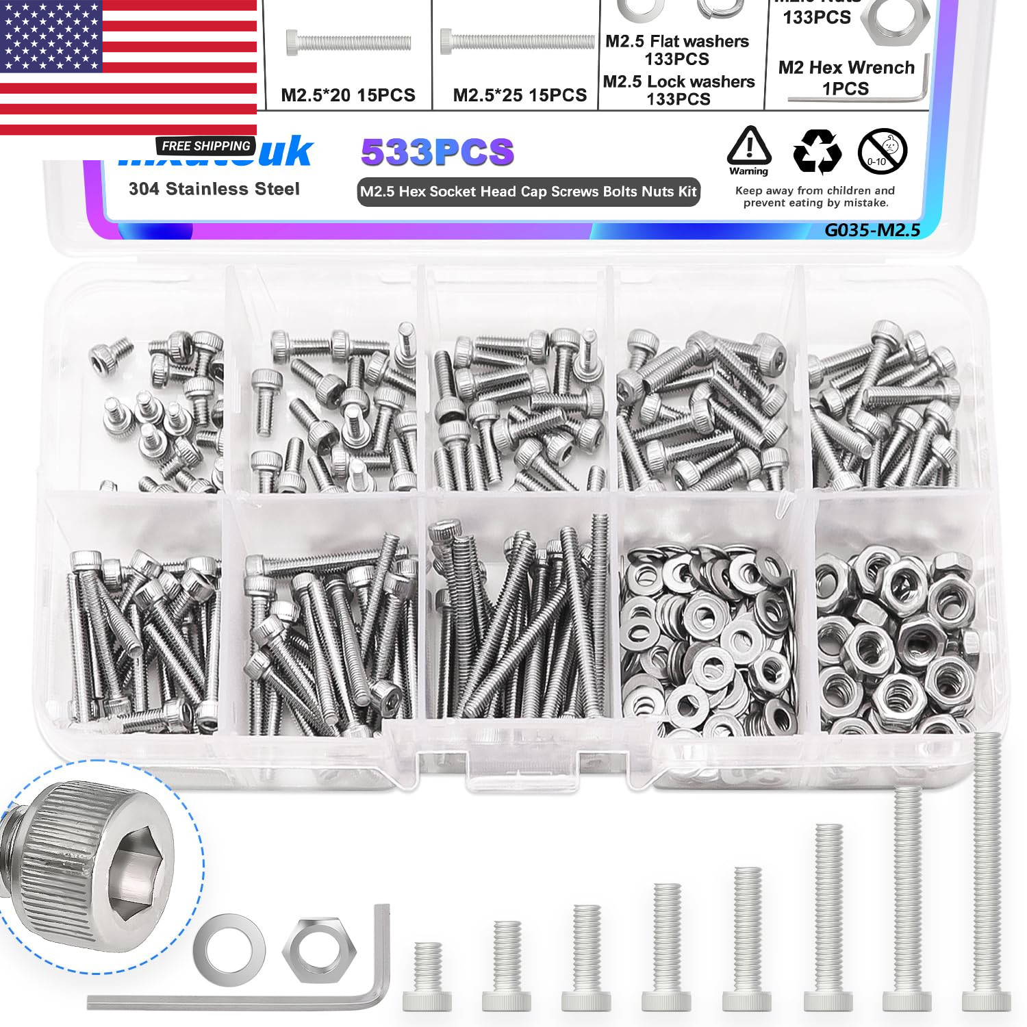M2.5 Screws Assortment Set,M2.5 X 4/6/8/10/12/16/20/25Mm Hex Socket Head Cap Scr