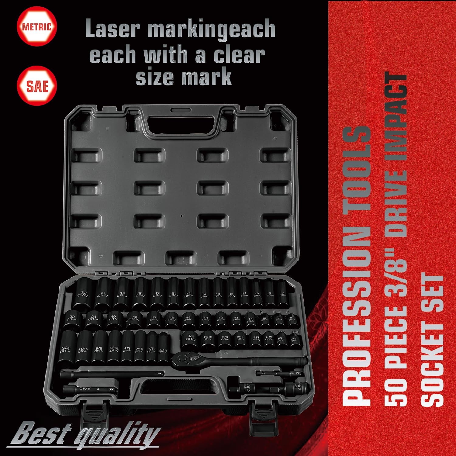 3/8″ Drive Impact Socket Set 50-Piece, SAE 50-Piece Set, Black