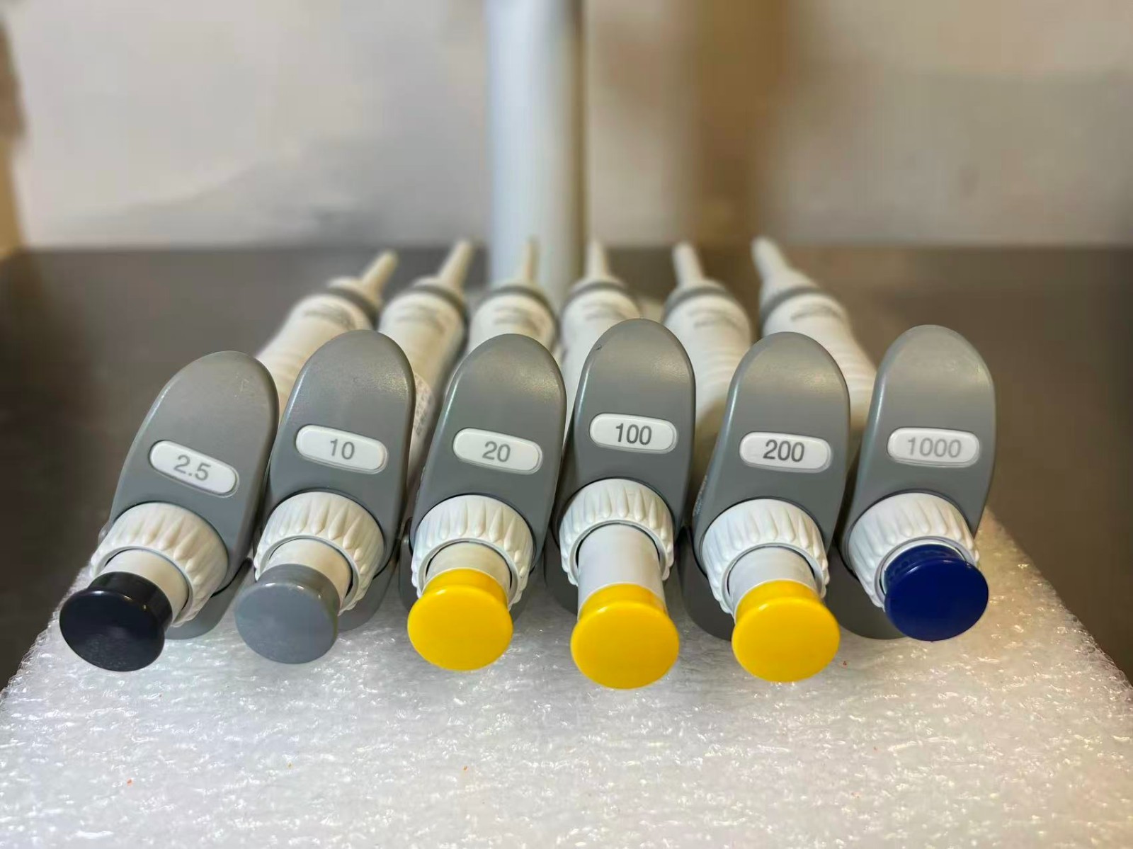 Set 6- Eppendorf Research Plus 2.5, 10, 20, 100, 200, 1000uL Pipette + Carousel