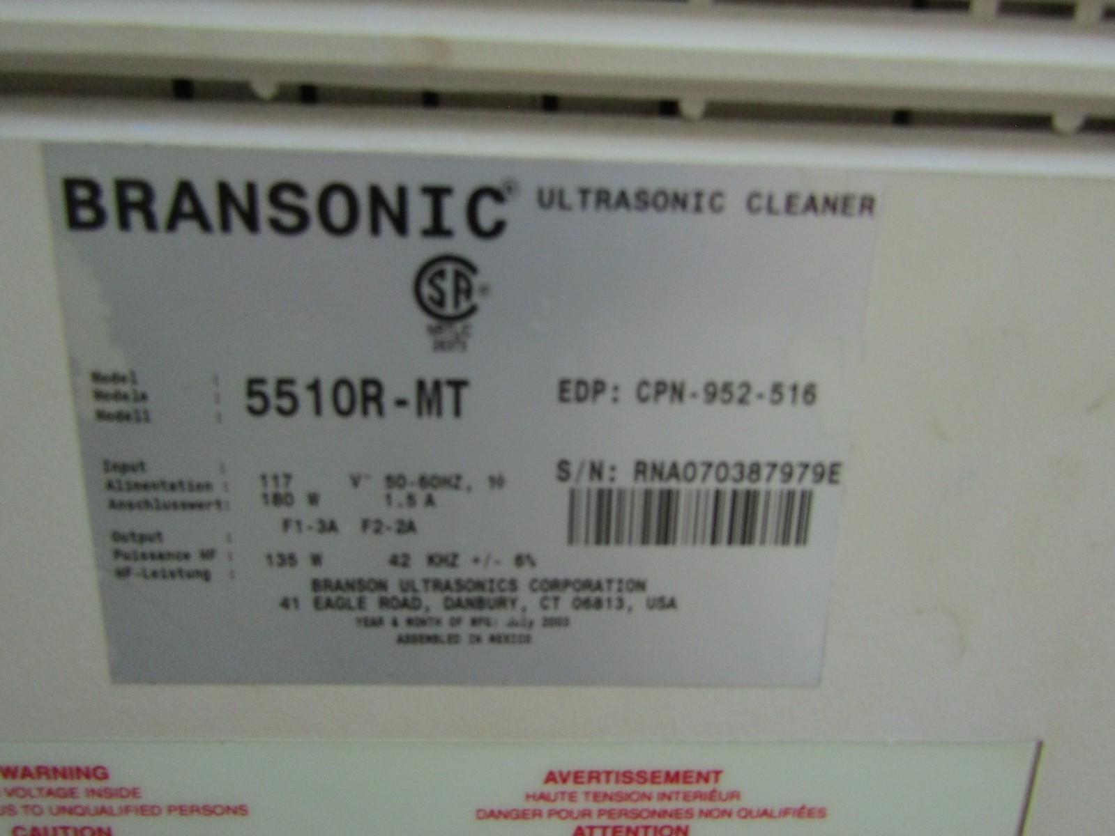 Branson Ultrasonics 5510 Ultrasonic Cleaner working but read