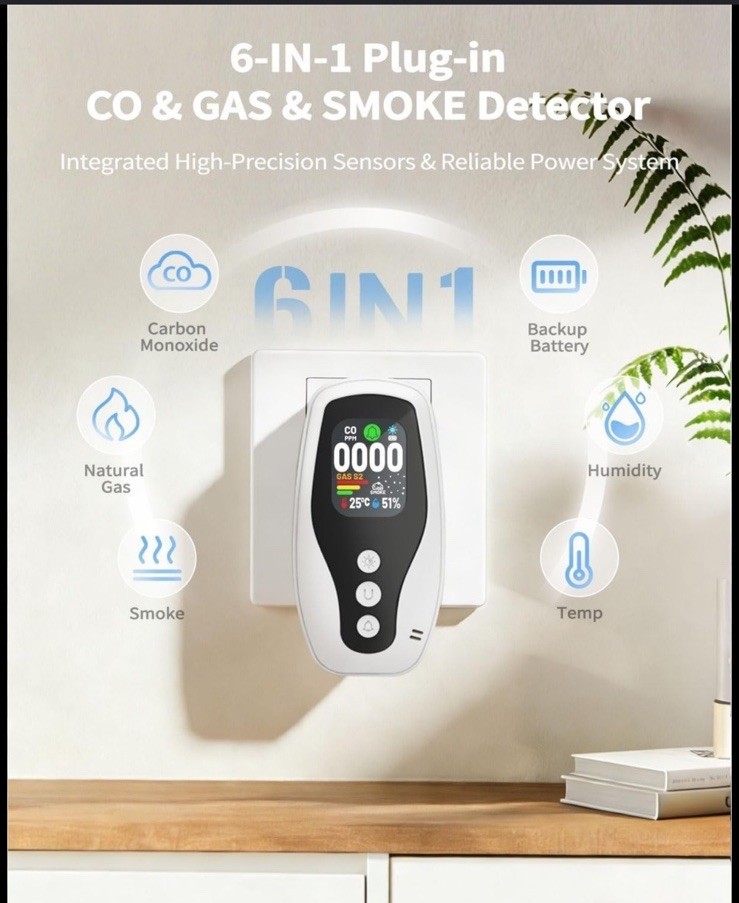 6-in-1 Plug-In Carbon Monoxide Detector – Natural Gas Leak Detector-Smoke Alarm