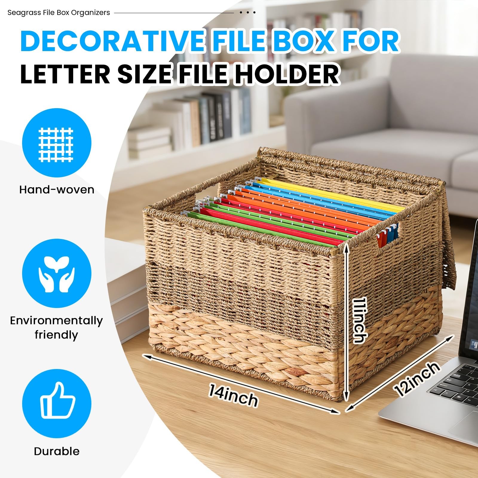 Decorative File Box 14 x 12 x 11 in Wicker Seagrass File Basket Organizer