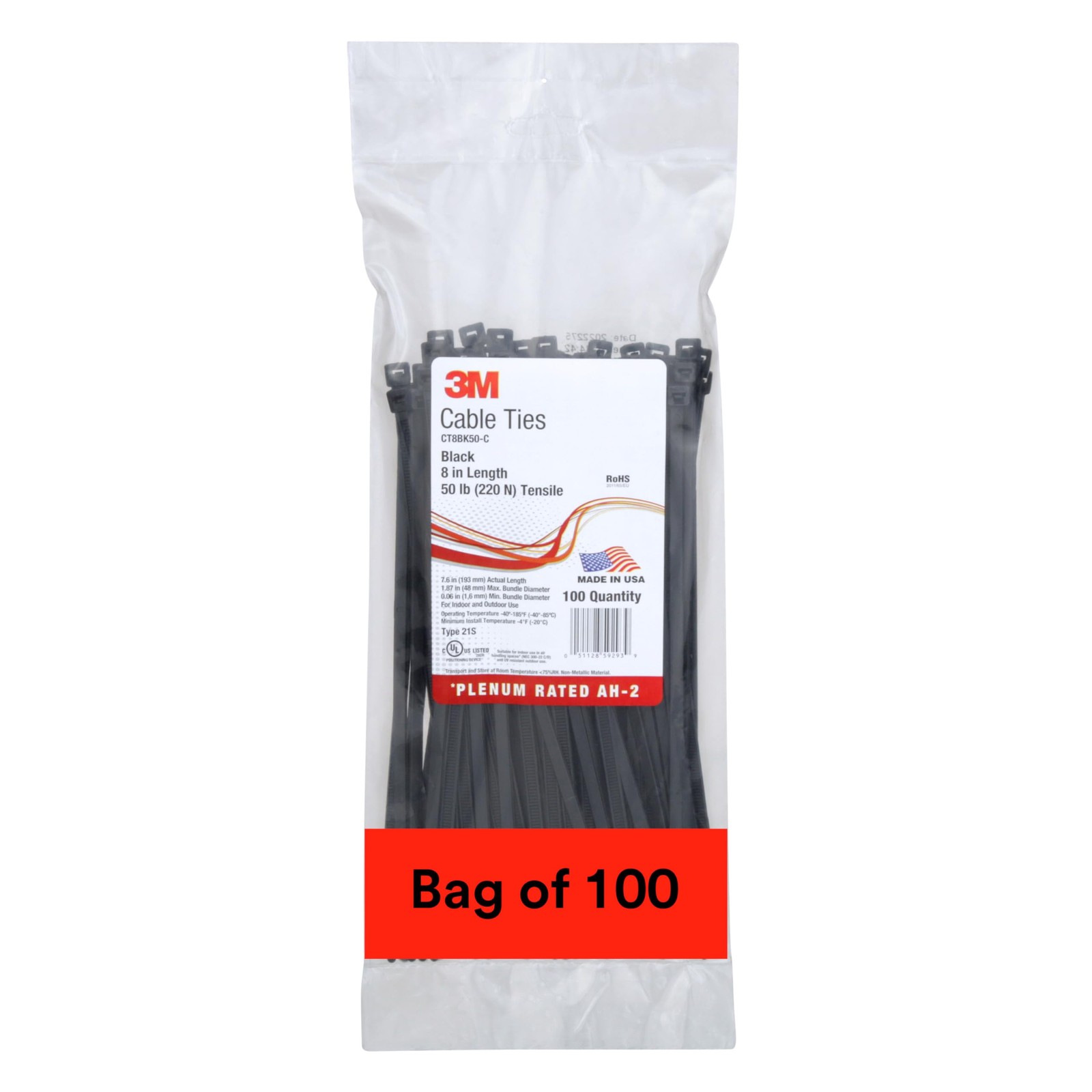 3M Cable Tie, Black, 50 lb Tensile Strength, 8″, Bag of 8″ BLACK 50 LB