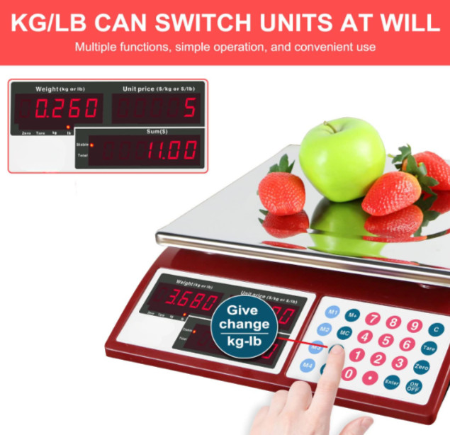 Báscula comercial digital 30 kg con cálculo de precio y doble pantalla LED