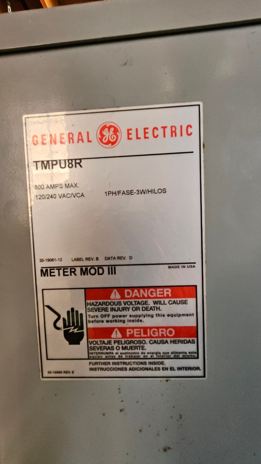 GE General Electric TMPU8R Meter MOD III Module Main Pull Box 800 Amp 1 Phase