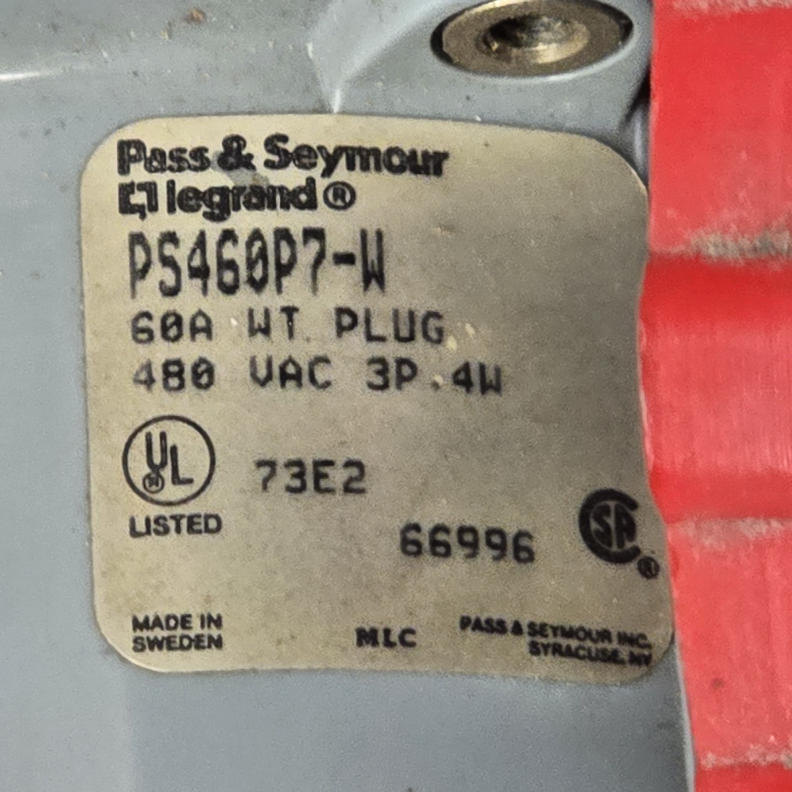 Pass & Seymour Legrand PS460P7-W & PS460C7- W 3P 4W 6OA 480 VAC Plug Connector