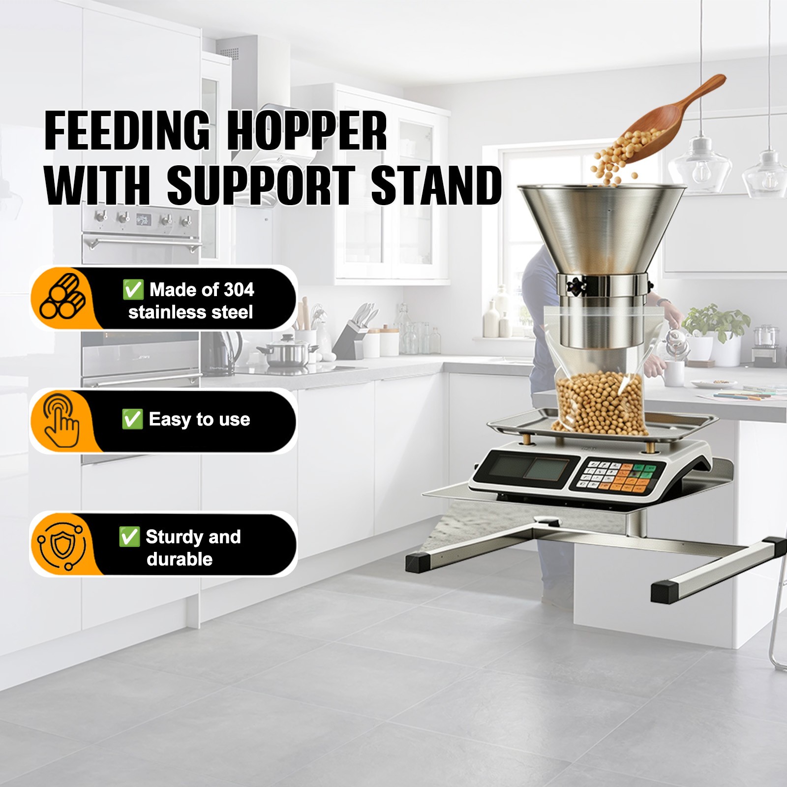 Stainless Steel Feeding Hopper Manual Filling Package Funnel with Bracket 4» US