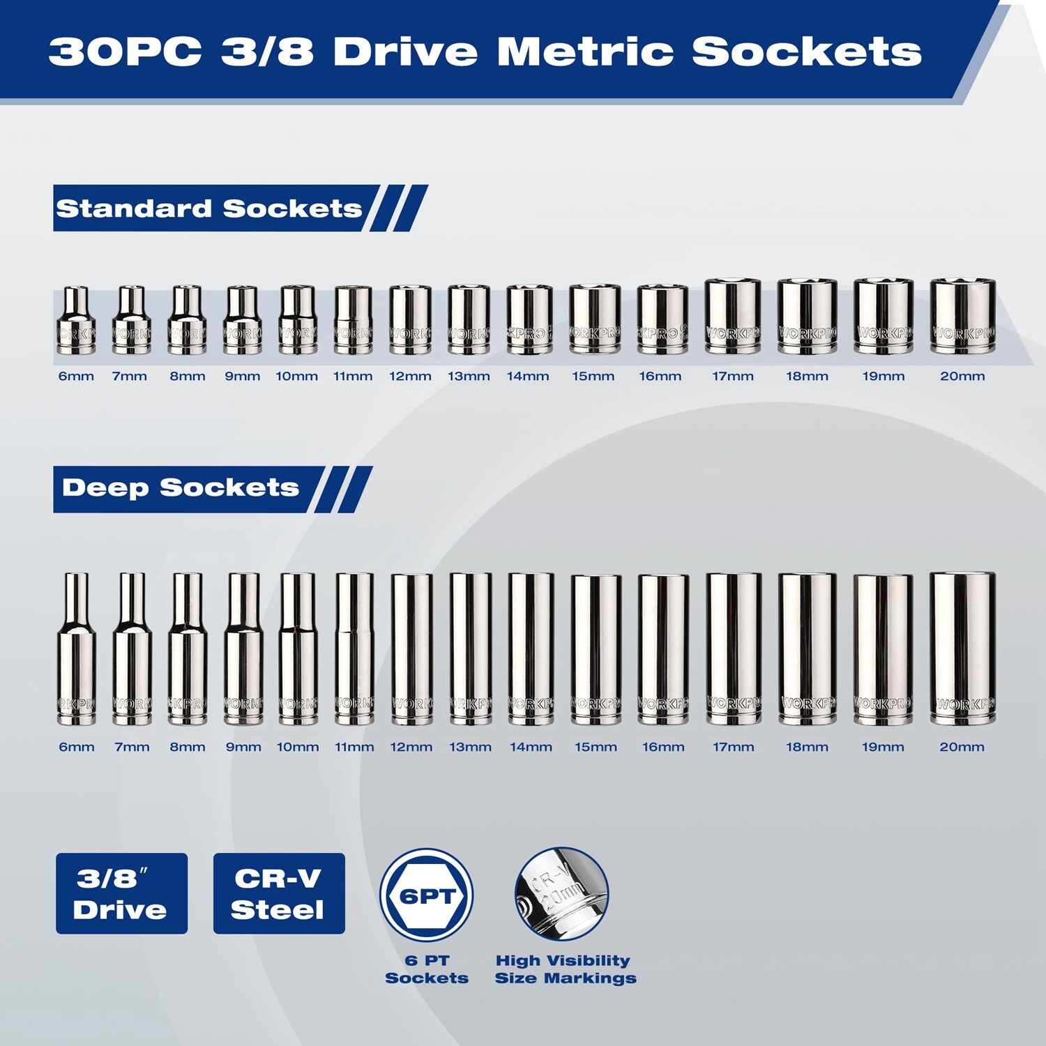 WORKPRO 32PC Mechanics Tool Kit 3/8″ Drive 30 Metric Deep Shallow Sockets 6-20mm